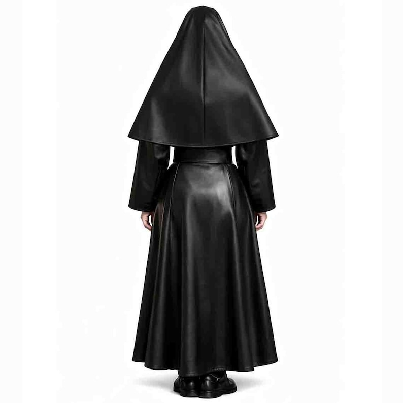 May include: A long, black faux leather coat with a matching hood and long sleeves. The coat has a fitted waist and a flared skirt, creating a dramatic silhouette. The back view shows the full length of the coat and hood.