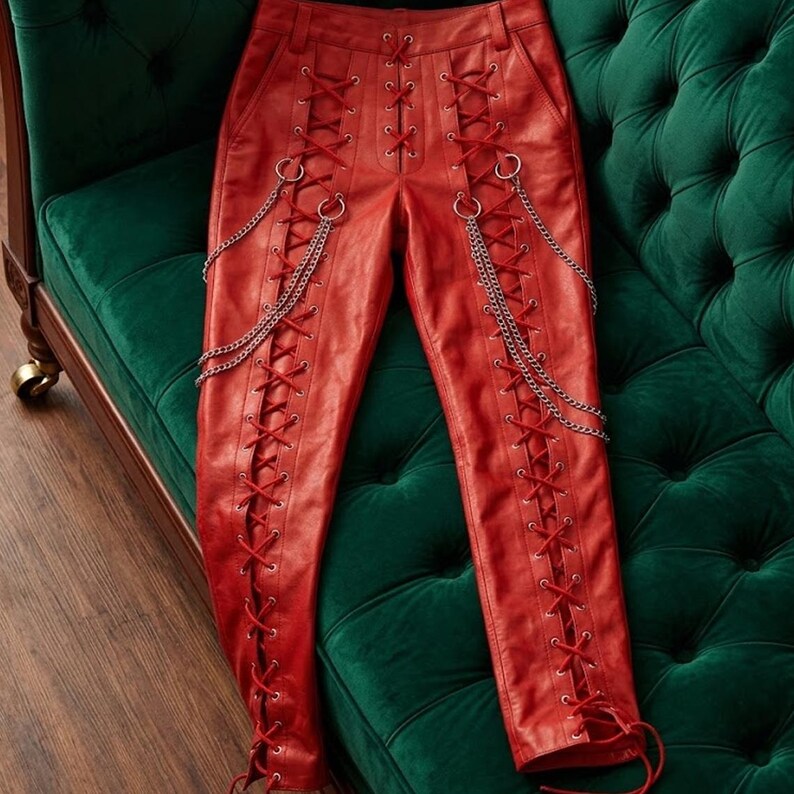 May include: Red leather trousers featuring a lace-up design and silver chain details. The trousers are displayed on a green velvet sofa, highlighting their distinctive and bold fashion statement.