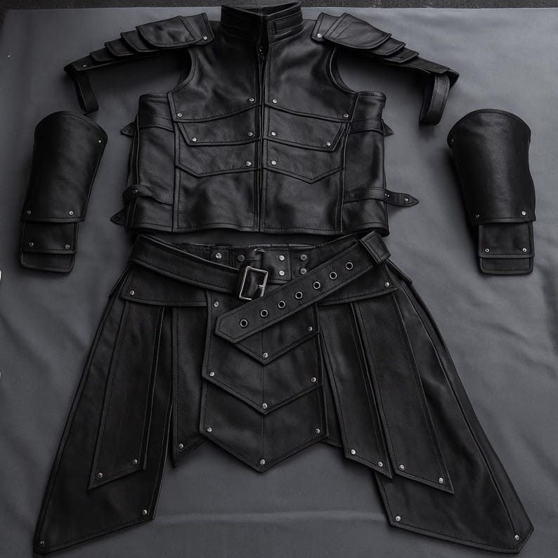 May include: A black leather armor set, including a vest with pockets, shoulder pads, arm guards, and a skirt with a belt. The armor is detailed with rivets and buckles, and is laid out on a dark surface.