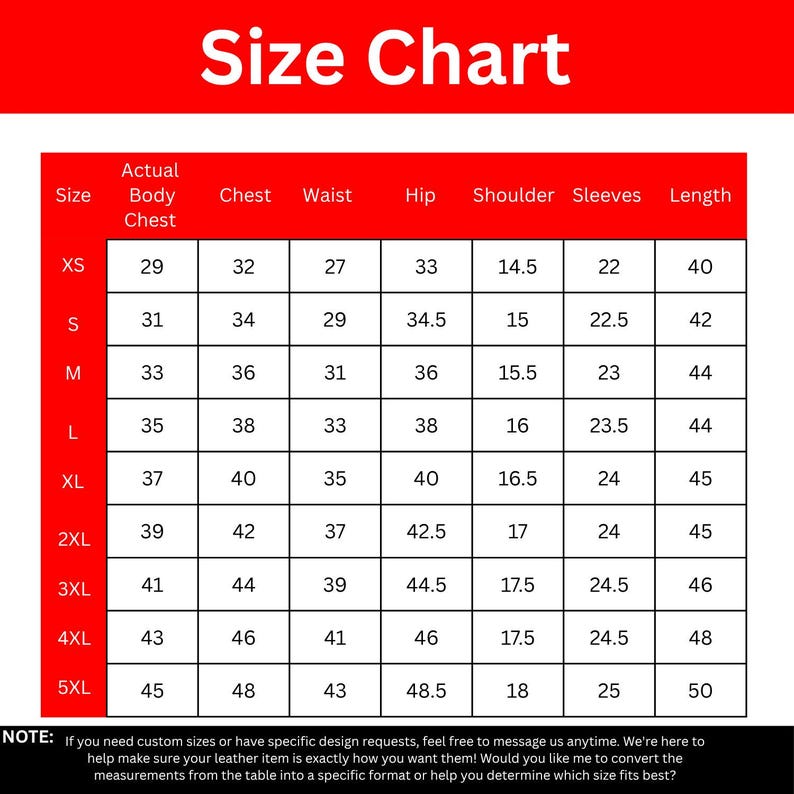 May include: A red and white size chart for clothing, detailing chest, waist, hip, shoulder, sleeve, and length measurements. Sizes range from XS to 5XL. The chart includes the text "Size Chart" at the top.