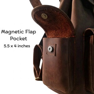 May include: A brown leather backpack side pocket with a magnetic flap closure. The pocket features a visible metal snap button and measures 13.97 x 10.16 cm. The text Magnetic Flap Pocket 5.5 x 4 inches is printed next to the pocket on the white background.