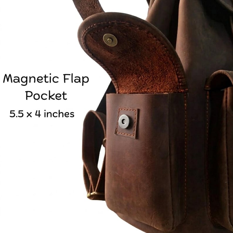 May include: A brown leather backpack side pocket with a magnetic flap closure. The pocket features a visible metal snap button and measures 13.97 x 10.16 cm. The text Magnetic Flap Pocket 5.5 x 4 inches is printed next to the pocket on the white background.