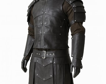 May include: Black leather armor set with a high collar, zipper front, and riveted details. The set includes shoulder pauldrons, arm guards, a belt, and a pleated skirt-like bottom. The armor is designed for a medieval or fantasy theme.