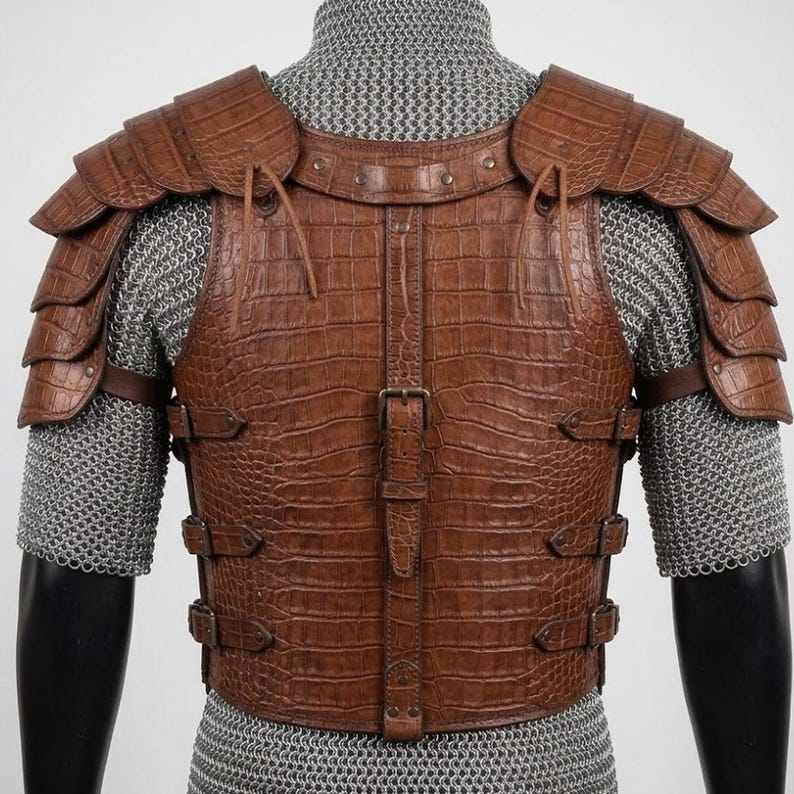 May include: Brown leather armour with a crocodile skin texture, featuring shoulder pauldrons and a chest plate secured with buckles and straps. The armour is worn over a chainmail shirt, creating a medieval or fantasy aesthetic.