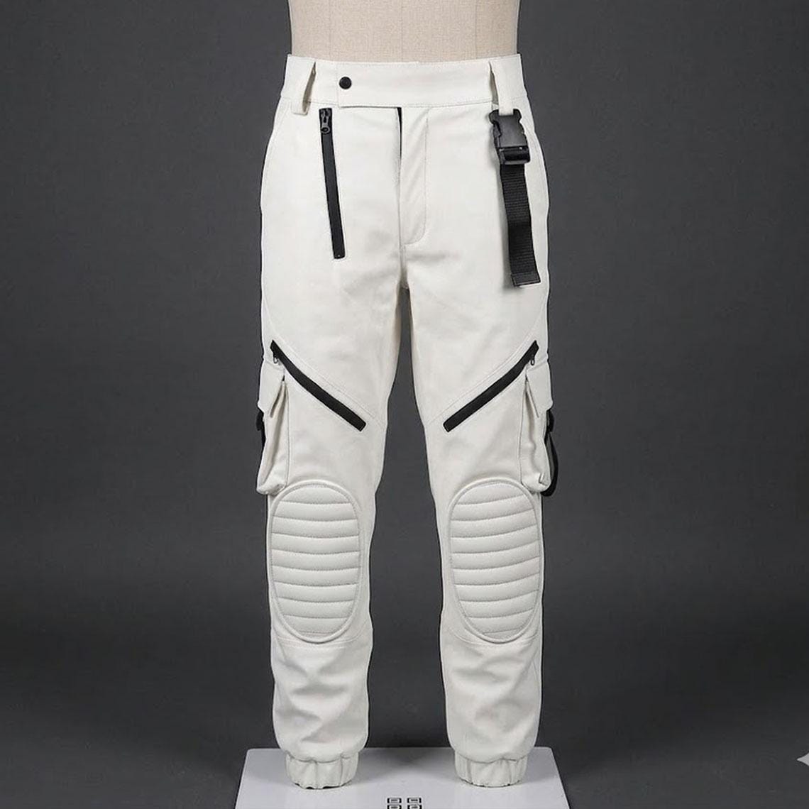 Men's White Leather Cargo Pants, Motorcycle Biker Trousers, Custom Fit