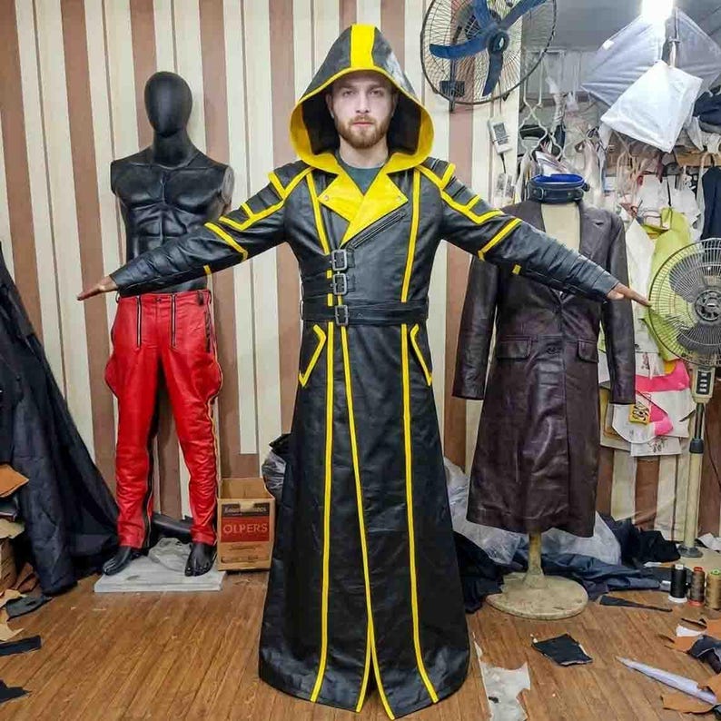 Skórzana szata zabójcy z obsydianowej żmii, długi czarny płaszcz z kapturem, zbroja fantasy cosplay zdjęcie 1