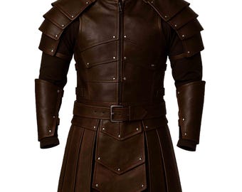 May include: Brown leather armor with a high collar, shoulder pauldrons, and a belted waist. The armor features decorative rivets and a front zipper closure. The sleeves extend to the wrists, and the lower portion has layered panels.
