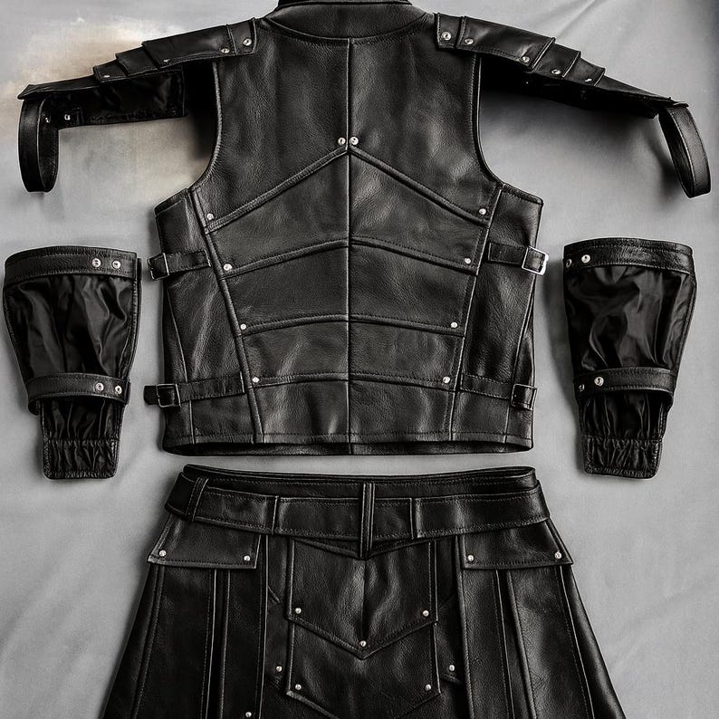 May include: A black leather armor set, including a vest, skirt, shoulder armor, and two arm guards. The vest and skirt have a geometric design with silver rivets. The arm guards have elastic cuffs. The set is laid out on a gray surface.