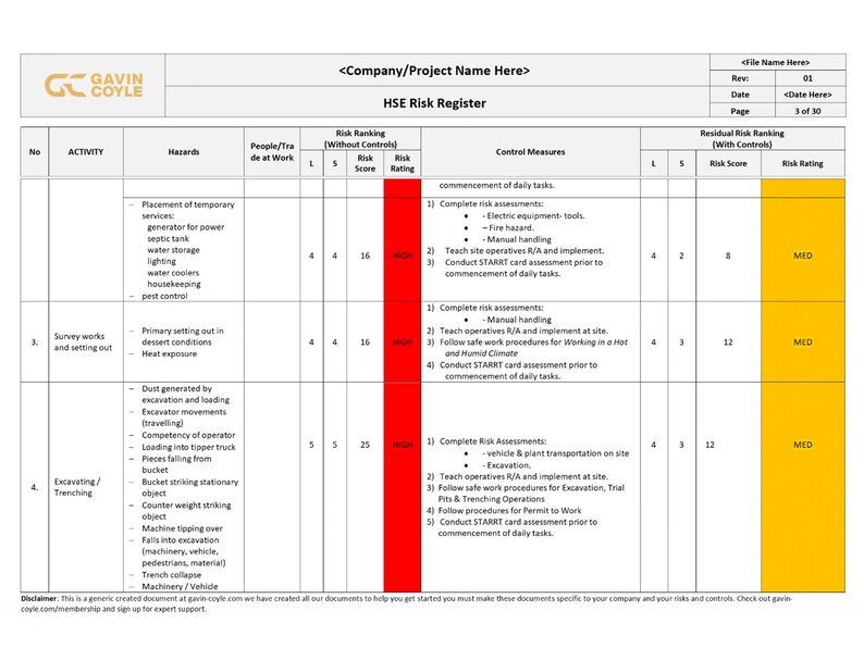 HSE Risk Register Microsoft Word Document - Etsy Australia