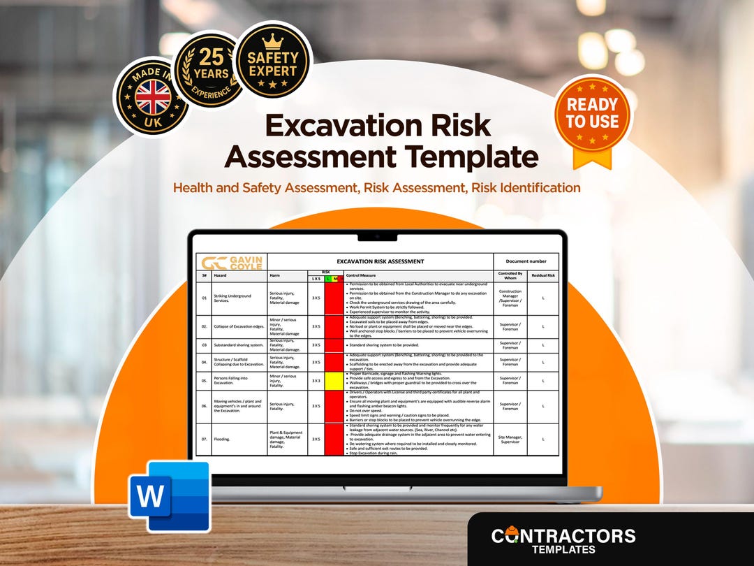 Excavation Risk Assessment Template | Construction Site Safety Document ...