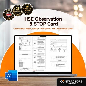HSE Observation Card: Workplace Safety Checklist (Instant Download)