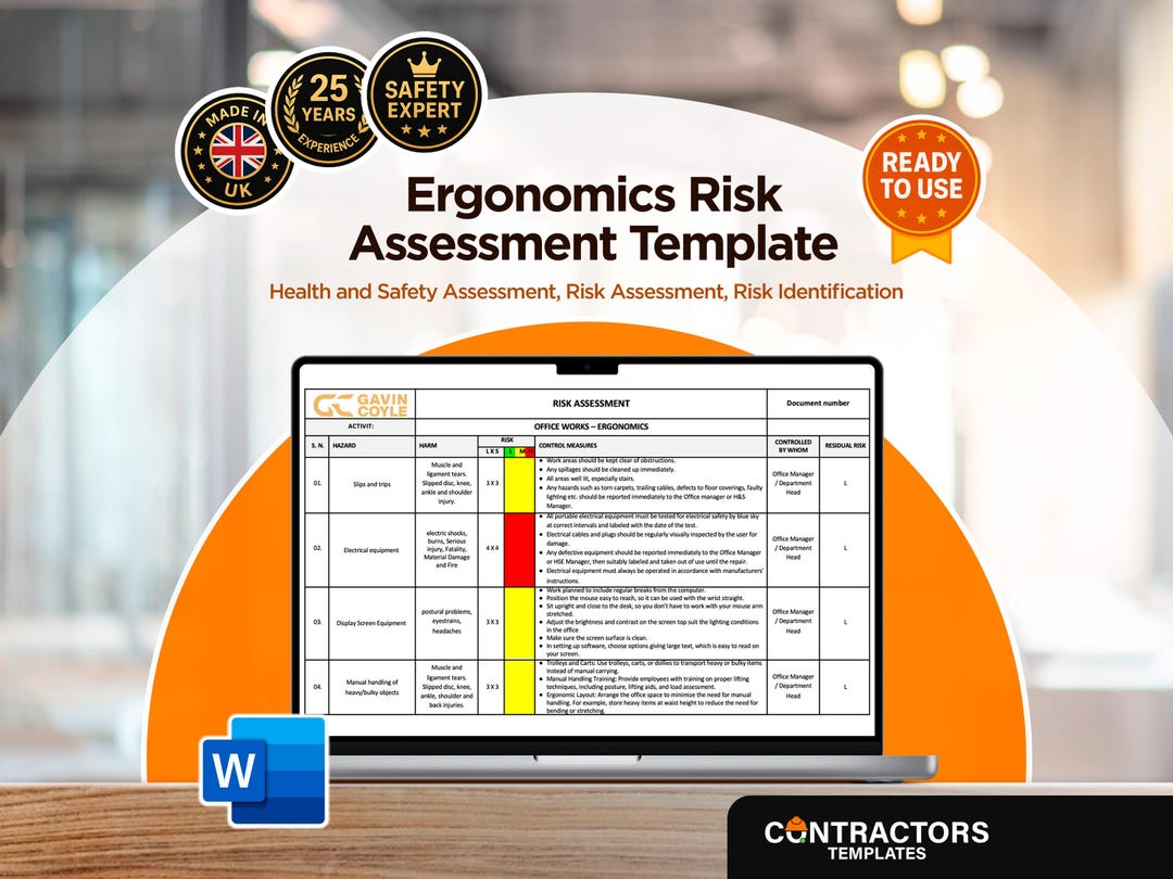 Ergonomic Risk Assessment Template Workplace Health Safety Editable