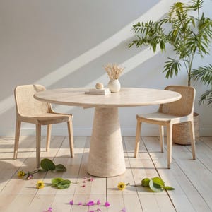 Handmade Round Travertine Marble Dining Table | Organic Modern Pedestal