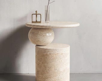 Travertine Side Table, Sculptural Round End Table, Organic Modern Japandi Accent Table, Handmade Natural Stone Furniture