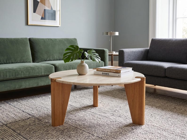 May include: A round coffee table with a light-colored stone top and three thick, angled wooden legs. On the table sits a small, light-colored ceramic vase containing a green monstera leaf and two stacked books titled Mid-Century Modern Design and Eames.