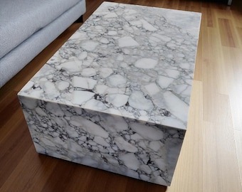 Calacatta Marble Rectangular Prism Coffee Table | Stylish Living Room & Lounge Corner Coffee Table | Detailed Modern Marble Coffee Table