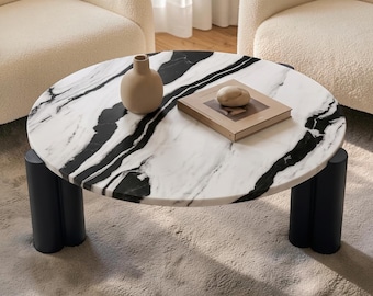 Panda White Marble Coffee Table, Round Black Wood Leg Table, Modern Sculptural Center Table, Luxury Living Room Furniture