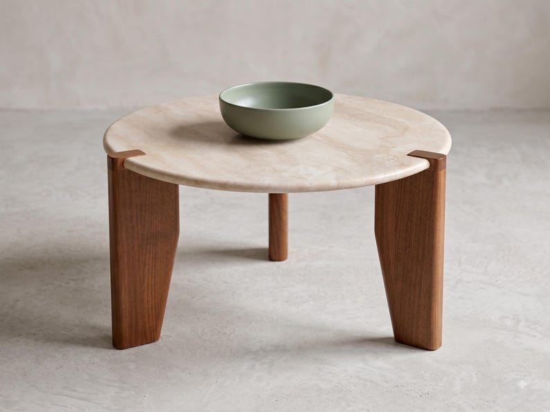 May include: A round coffee table with a light beige stone top and three dark brown wooden legs that slot into the edge of the surface. A matte sage green ceramic bowl sits in the center of the table, which has a smooth, polished finish.