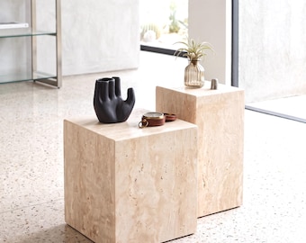 Beige Travertine Side Table, Minimalist Stone Pedestal, Modern Cube End Stand, Sculptural Luxury Furniture