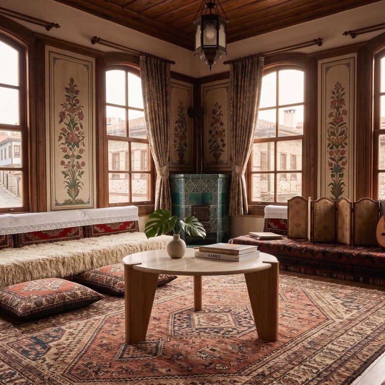 May include: A room featuring a round wooden coffee table with a white top, a large patterned area rug, low seating with red and brown cushions, a green tiled stove, and walls decorated with tall floral panels between arched windows with curtains.