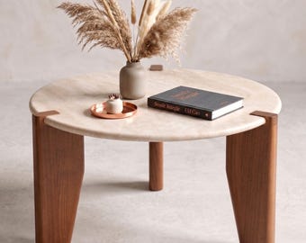Wabi Sabi Travertine Coffee Table, Round Beige Stone Top, Solid Wood Legs, Organic Modern Japandi Living Room Table