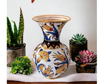 Handmade gold leaf vase, unique shelf decor, ceramic Turkish vase, 12 carat gold inlaid, handcrafted, ceramic art, home decor 12"