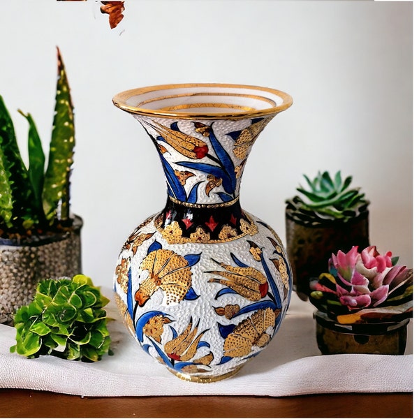 Handmade gold leaf vase, unique shelf decor, ceramic Turkish vase, 12 carat gold inlaid, handcrafted, ceramic art, home decor 12"