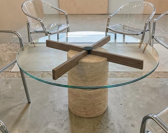 Travertine Statement Table – Modern Glass Living Room Coffee Table with Sculptural Stone Base
