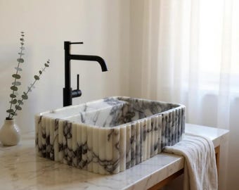 Calacatta Viola Marble Sink Handcrafted | Countertop or Wall-Mount Vanity Basin | Custom Faucet Mounting