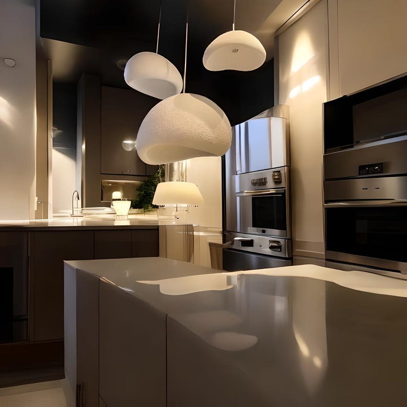 Pode incluir: Uma cozinha moderna com eletrodom&eacute;sticos de a&ccedil;o inoxid&aacute;vel e uma bancada branca. A cozinha possui uma lumin&aacute;ria &uacute;nica com tr&ecirc;s luzes pendentes brancas de forma org&acirc;nica.