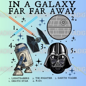 Puede incluir: Una ilustración colorida de personajes y objetos de Star Wars, incluyendo sables de luz, la Estrella de la Muerte, un caza TIE, R2-D2 y Darth Vader. El texto "IN A GALAXY FAR FAR AWAY" está en la parte superior de la imagen.