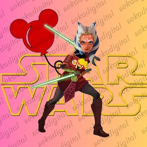 Puede incluir: Un logotipo amarillo de Star Wars con un globo de Mickey Mouse rojo y blanco y un personaje femenino con ropa roja y blanca sosteniendo un sable de luz.