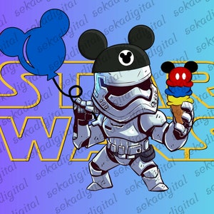 Puede incluir: Un Stormtrooper blanco de Star Wars sosteniendo un cono de helado de Mickey Mouse. El fondo es un degradado azul y morado con las palabras "STAR WARS" en amarillo.