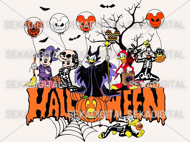 May include: A Halloween themed illustration featuring Mickey Mouse, Minnie Mouse, Goofy, Donald Duck, and Maleficent. The characters are dressed in costumes and holding Halloween themed props. The text "HALLOWEEN" is written in orange and black letters.