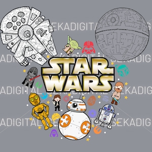 Puede incluir: Gráfico gris con personajes y elementos de Star Wars. El diseño incluye el Halcón Milenario, la Estrella de la Muerte y varios personajes como Darth Vader, Yoda y R2-D2, con las palabras "STAR WARS" en dorado.