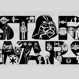 Puede incluir: Diseño gráfico en blanco y negro de la palabra "STAR WARS" con varios personajes y símbolos de la franquicia Star Wars, incluyendo Darth Vader, Yoda, R2-D2 y el Halcón Milenario.