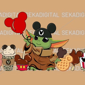 May include: A green alien character wearing a black Mickey Mouse hat and holding a red Mickey Mouse balloon. The alien is surrounded by various Disney-themed snacks, including a waffle, a chocolate-covered Mickey Mouse ear, a popcorn bucket, and a coffee cup with a Mickey Mouse ear lid.