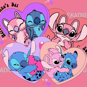 Puede incluir: Texto Happy Valentine's Day con cuatro corazones que representan a Stitch y Angel de la película de Disney Lilo & Stitch. Cada corazón presenta una combinación de colores diferente de azul, rosa y morado.