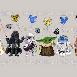 Puede incluir: Ilustración digital con personajes de Star Wars, incluyendo BB-8, Darth Vader, un Stormtrooper, Grogu, R2-D2 y Chewbacca. Cada personaje sostiene un globo con un diseño de cabeza de Mickey Mouse. Estrellas amarillas dispersas.