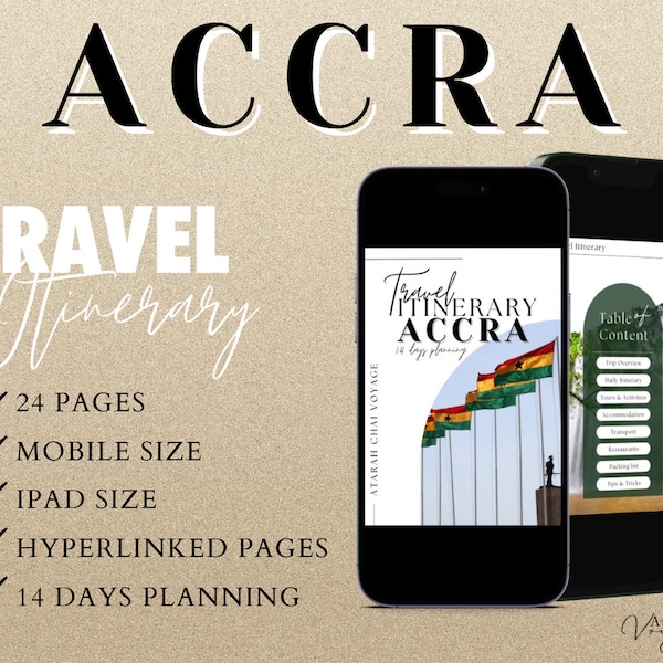 Accra Ghana Travel Mobile Itinerary Template. Aesthetic Minimal City Trip Planner. Desktop, iPad, Tablet, Digital Organizer, Printable.