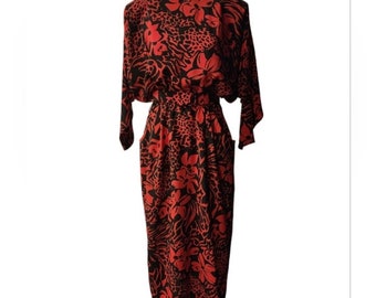 Vintage 80s/90s Red and Black Floral Dress with Pockets & Shoulder Pads