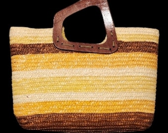 Sun N Sand Vintage Straw Bag Brown abd Yellow Stripe with Dark Wood Handles