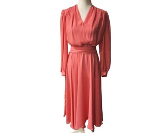 Vintage 80s/90s Pink Chiffon Long Sleeve Dress with Shoulder Pads