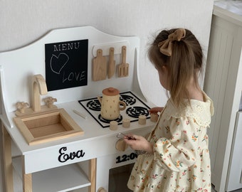 Minimalist Wooden Play Kitchen - Handcrafted with Love for Hours of Pretend Play Fun. Wooden kitchen with accessories. A Birthday Present.