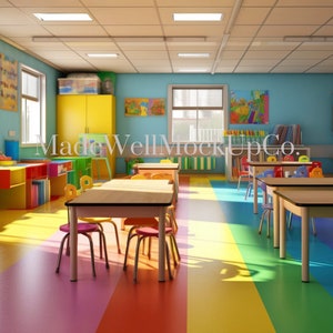 May include: A colourful preschool classroom with rainbow flooring, small tables and chairs, and colourful bookshelves filled with books.