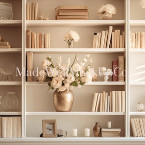 May include: A white bookcase with multiple shelves filled with books, decorative items, and flowers. The shelves are filled with books, vases with white flowers, and decorative items such as a small picture frame, a glass vase, and a small white ceramic bird.