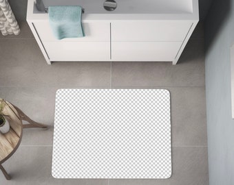 May include: A white bathroom rug with a checkered pattern. The rug is placed on a tiled floor in front of a white bathroom vanity.