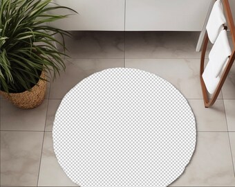 May include: White round bath mat with a soft, fluffy texture. The mat is placed on a tiled floor in a bathroom.