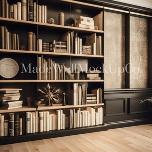 May include: A dark wood bookshelf filled with books, a clock, and decorative items. The bookshelf is in a room with dark wood paneling and a floor lamp.
