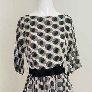 1950s Vintage Dress - 50s Black and White Polka Dot Party Dress - Fit and Flare Taffeta Dress w/Bow Belt - Size XS
